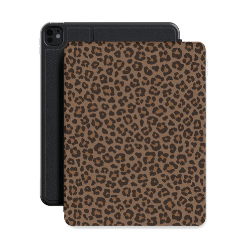 Brown leopard print iPad case shown with an iPad
