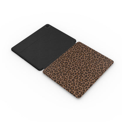 Brown leopard print iPad case open, showing the printed front and black back