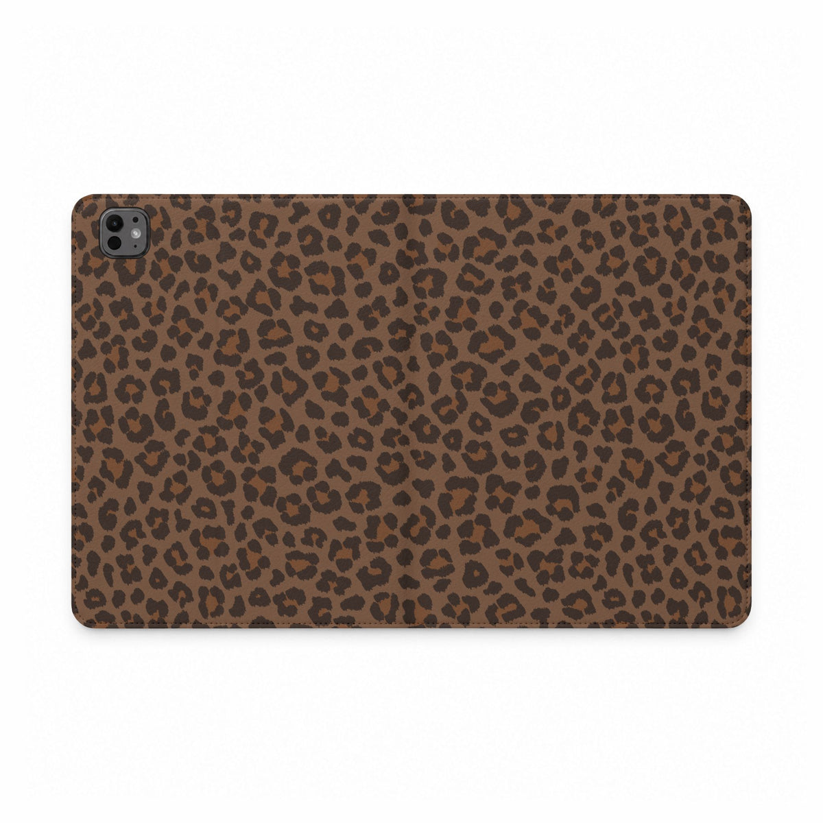 Brown leopard print iPad folio case laid flat, showing the print wrapping from back to front