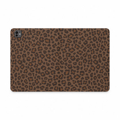 Brown leopard print iPad folio case laid flat, showing the print wrapping from back to front