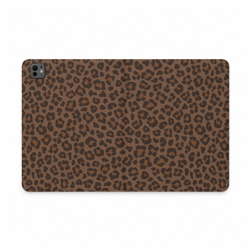 Brown leopard print iPad folio case laid flat, showing the print wrapping from back to front