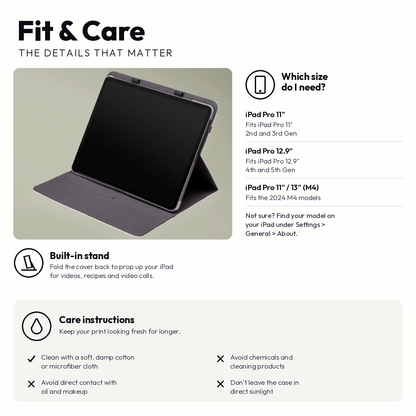 iPad folio case fit and care information card