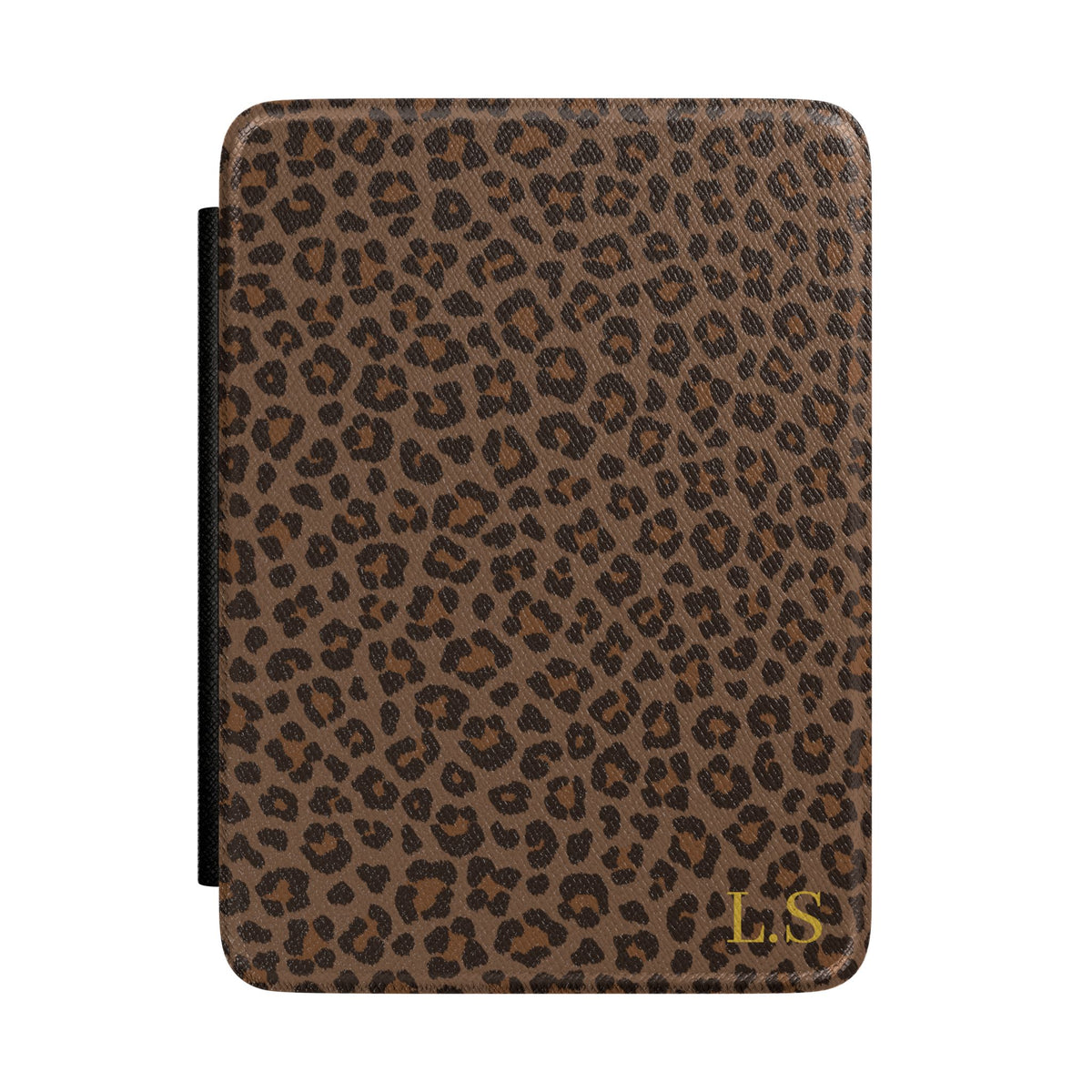 Brown leopard print Kindle case front cover with gold initials
