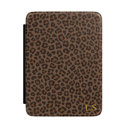 Brown leopard print Kindle case front cover with gold initials