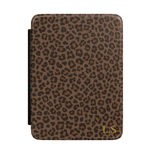 Brown leopard print Kindle case front cover with gold initials