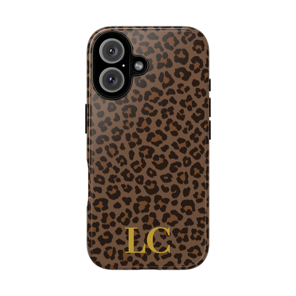 Brown leopard print tough phone case with gold initials, back view