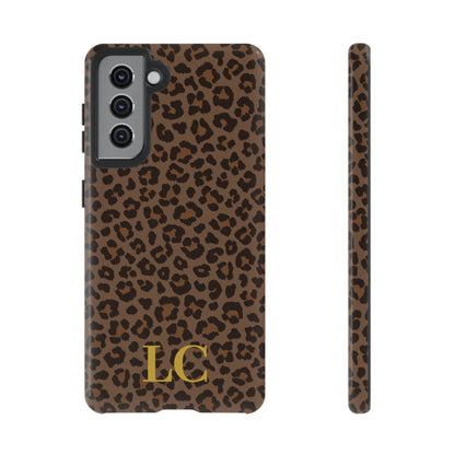 Brown leopard print tough phone case, back and side view