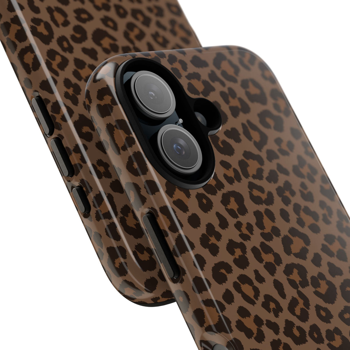 Brown leopard print tough phone case, close-up of the camera surround