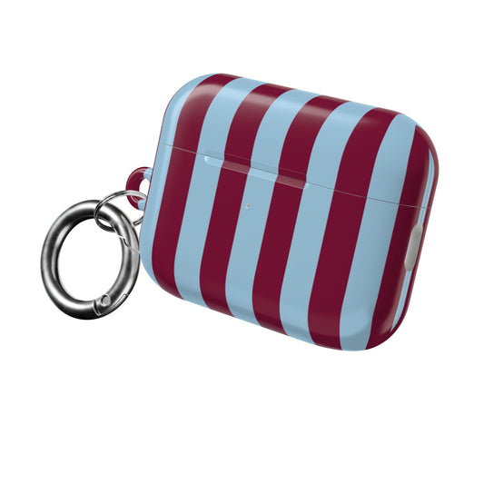 Burgundy Cabana Stripe AirPods case closed, with the carabiner clip