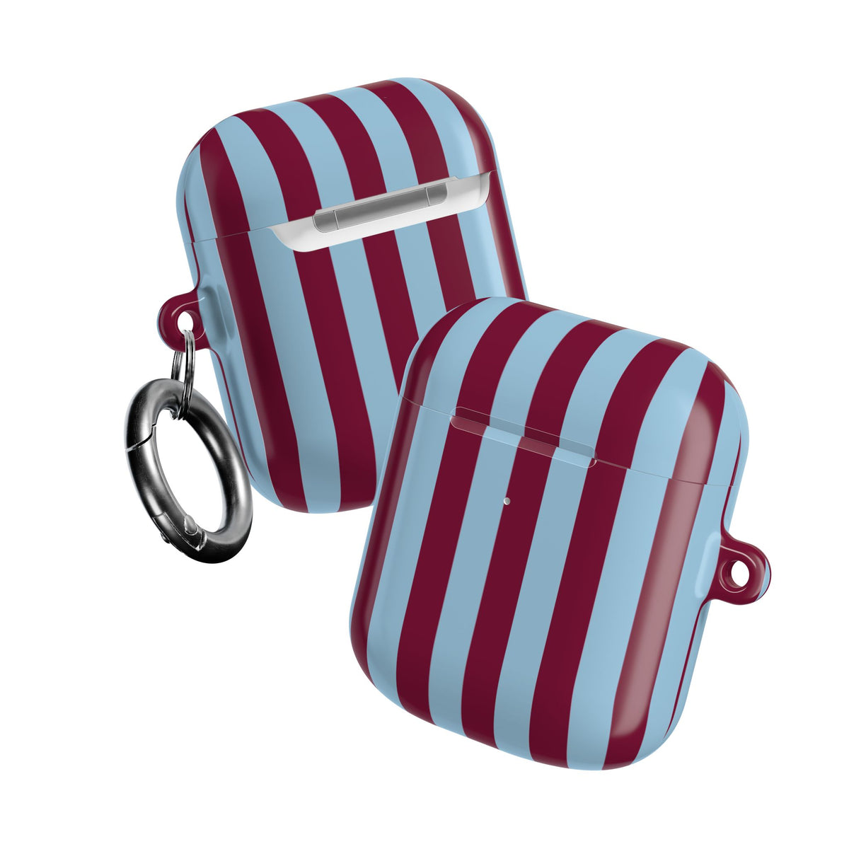 Two Burgundy Cabana Stripe AirPods cases with carabiner clips