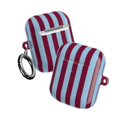 Two Burgundy Cabana Stripe AirPods cases with carabiner clips