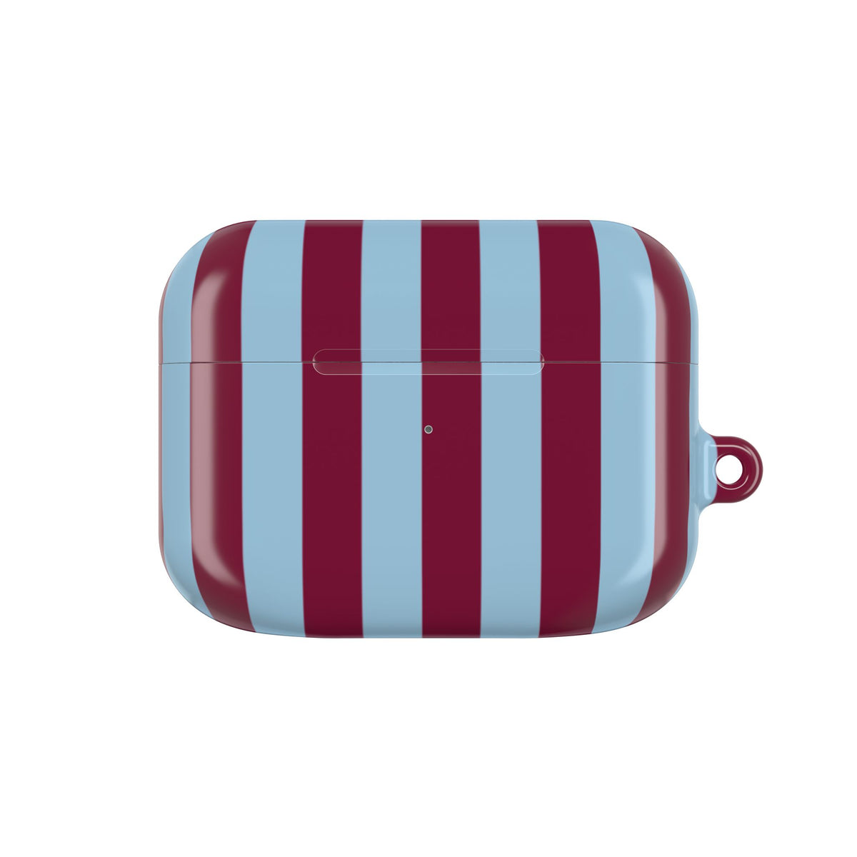 Burgundy Cabana Stripe AirPods case closed, front view