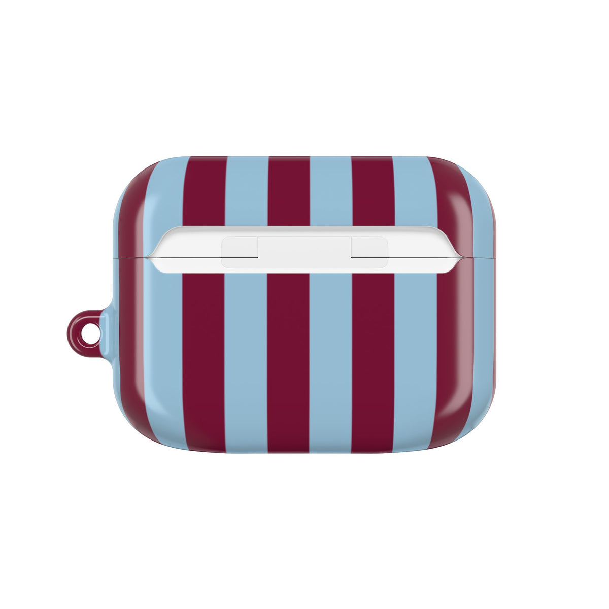 Burgundy Cabana Stripe AirPods Pro case with the charging slot