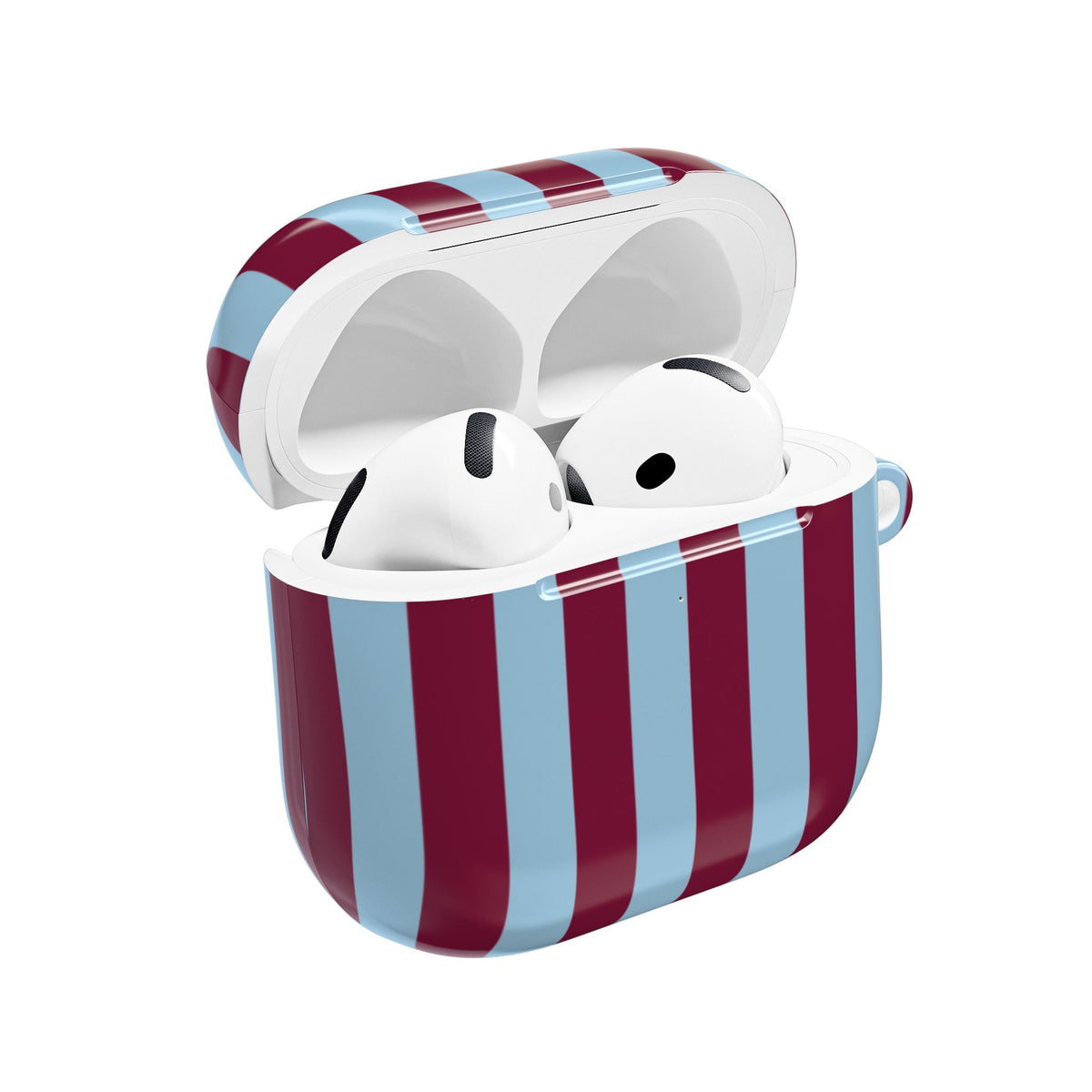 Burgundy Cabana Stripe AirPods case open with AirPods inside