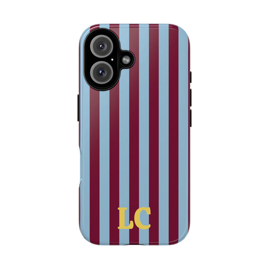 Burgundy cabana stripe tough phone case with custom initials, back view