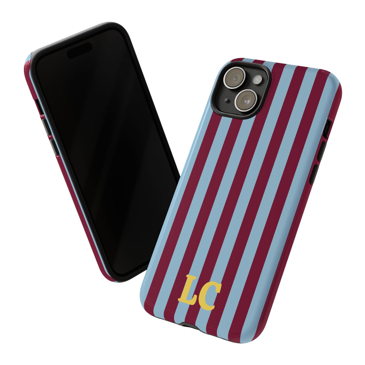 Burgundy cabana stripe phone case on an iPhone, front and back view