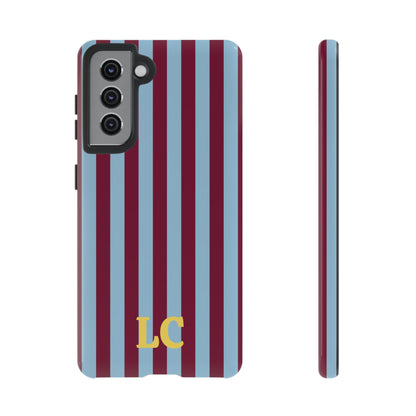 Burgundy cabana stripe tough phone case, back and side view