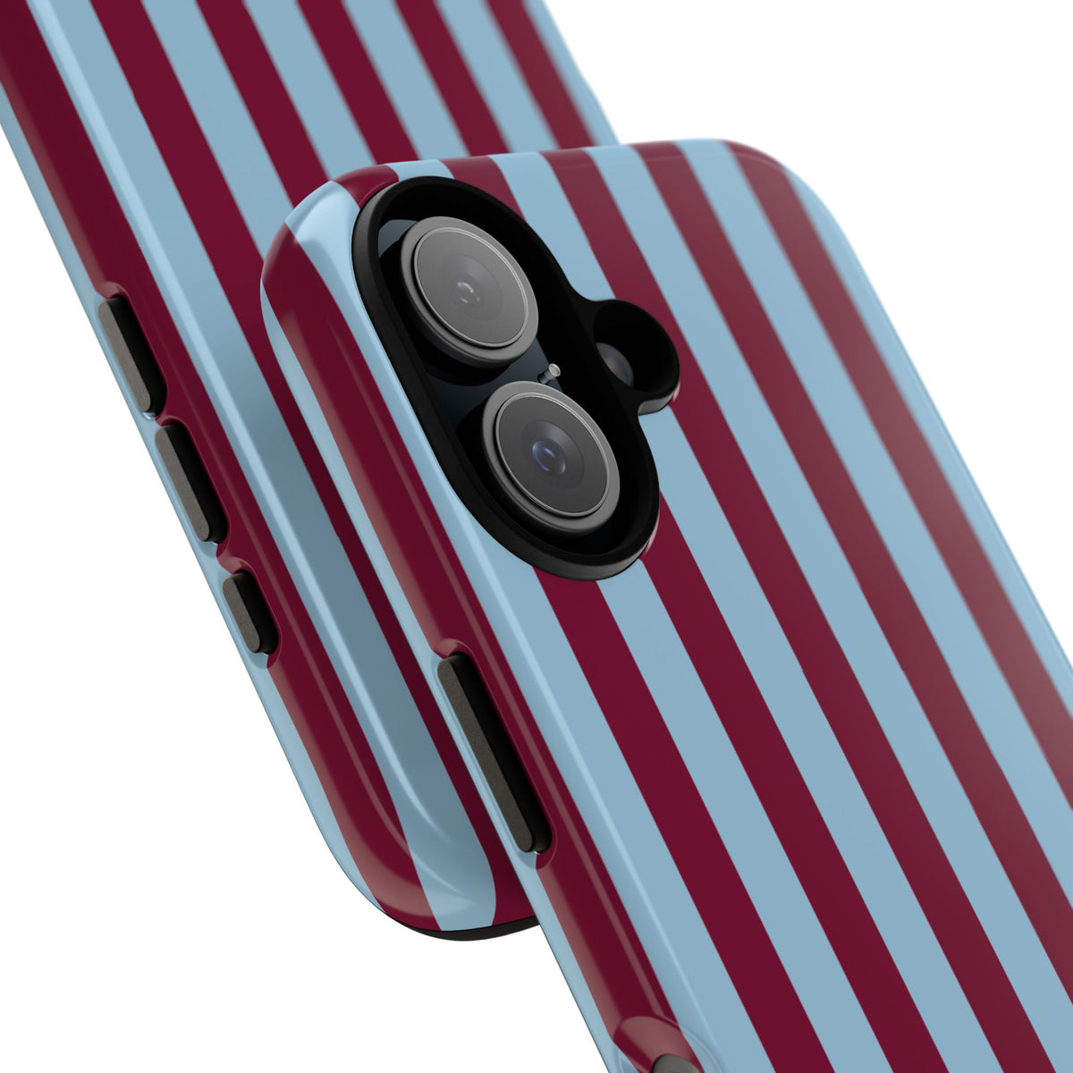 Close-up of the camera cut-out on the burgundy cabana stripe phone case