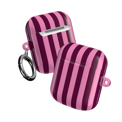 Front and back of the Burgundy Pink Cabana Stripe AirPods case with carabiner