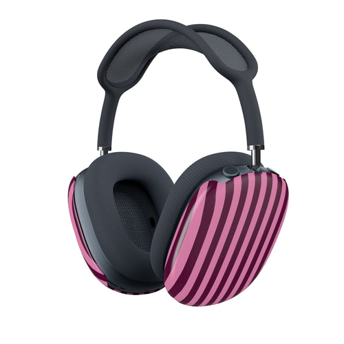 Burgundy Pink Cabana Stripe AirPods Max case on a pair of AirPods Max headphones