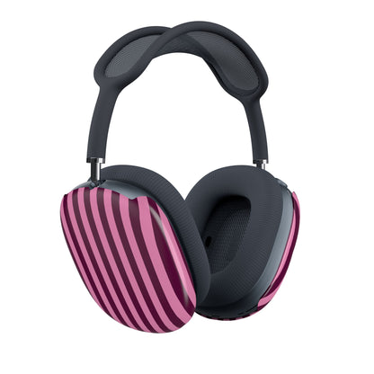 Burgundy Pink Cabana Stripe AirPods Max case seen from a second angle on the headphones