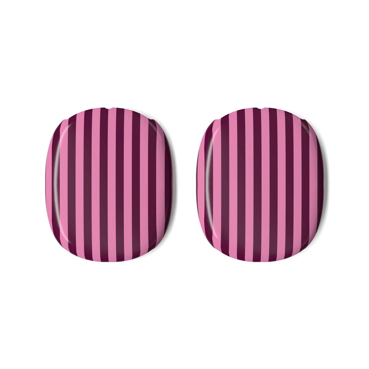 The two Burgundy Pink Cabana Stripe AirPods Max ear cup shells shown on their own