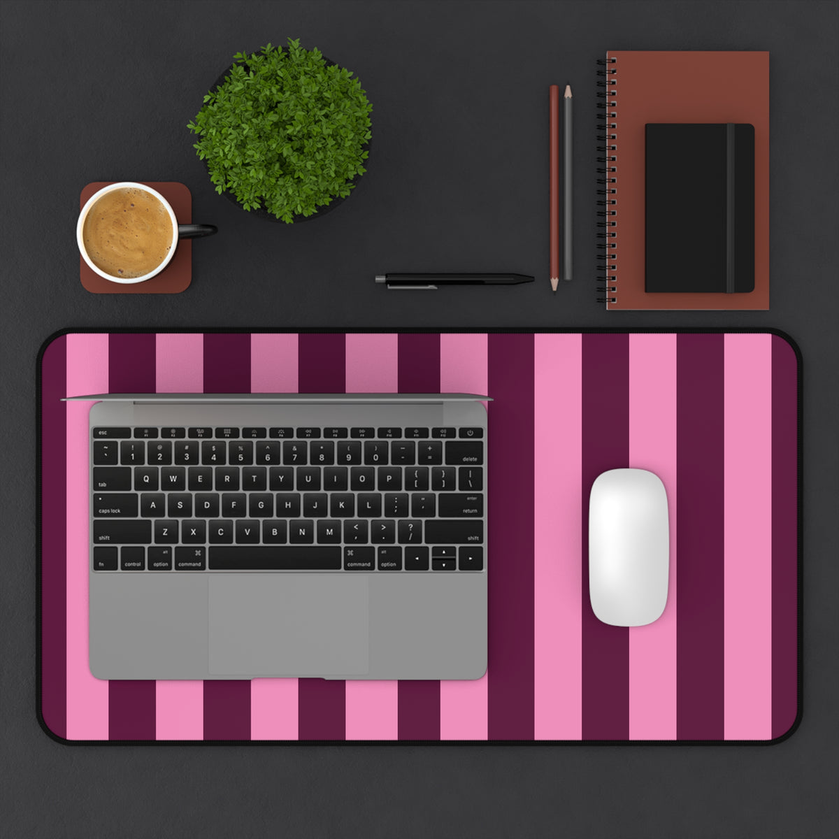 Laptop and mouse on the 12 x 22 inch Burgundy Pink Cabana Stripe desk mat