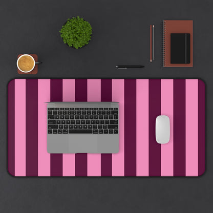 Extra large Burgundy Pink Cabana Stripe desk mat under a laptop and mouse