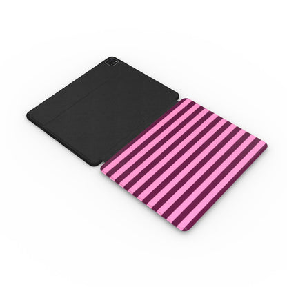 Burgundy Pink Cabana Stripe iPad case open, showing the striped front and black back