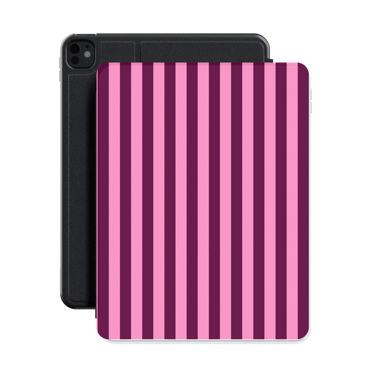 Burgundy Pink Cabana Stripe iPad case shown in front of the iPad