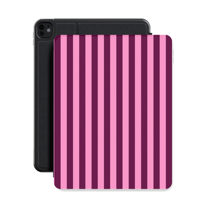 Burgundy Pink Cabana Stripe iPad case shown in front of the iPad