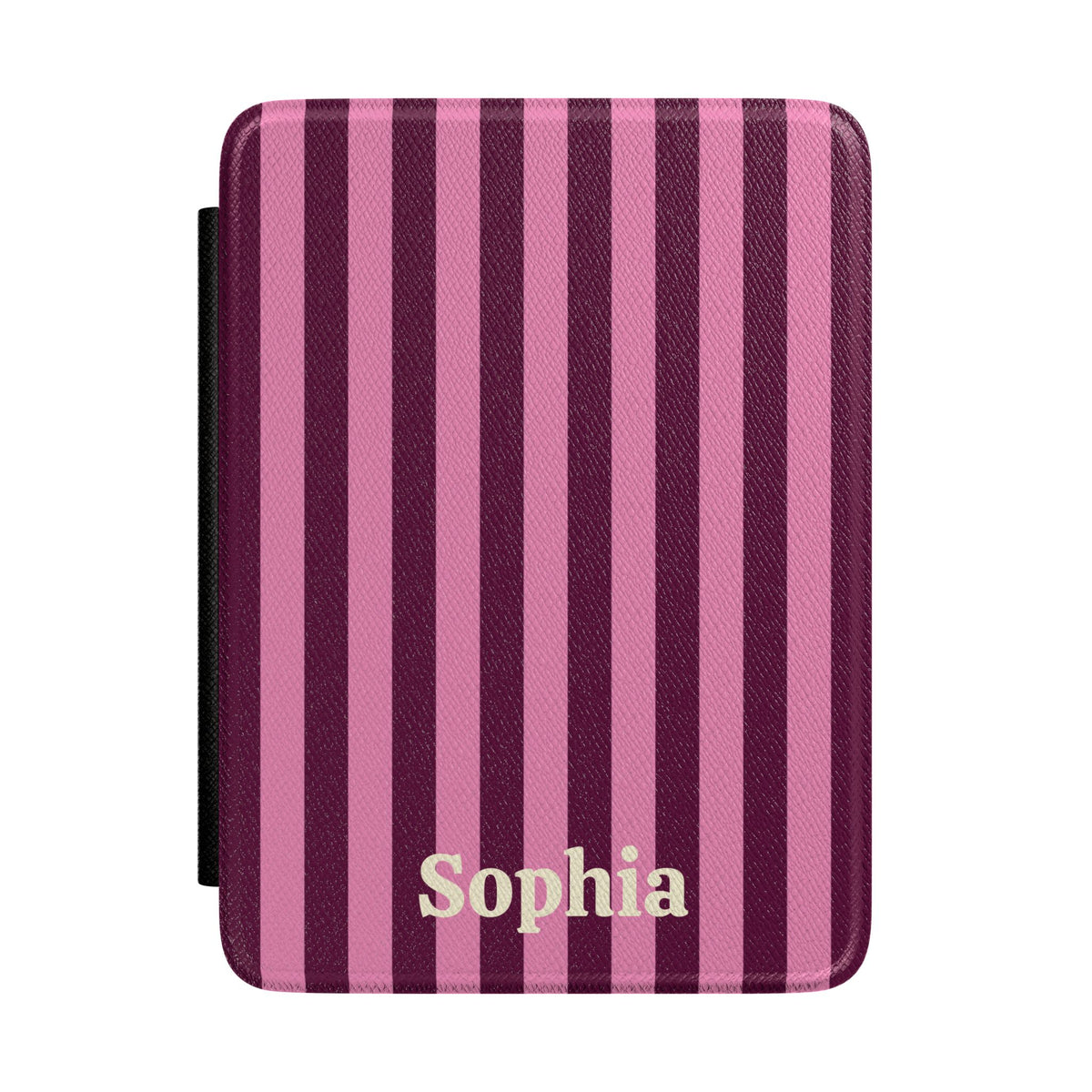Burgundy Pink Cabana Stripe Kindle case front cover with a personalized name