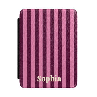Burgundy Pink Cabana Stripe Kindle case front cover with a personalized name