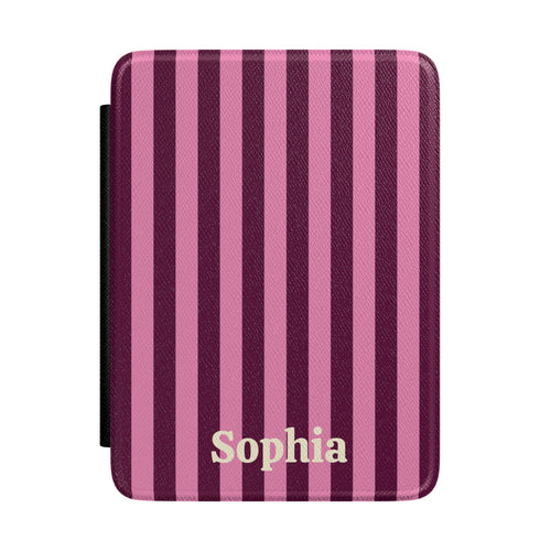 Burgundy Pink Cabana Stripe Kindle case front cover with a personalized name