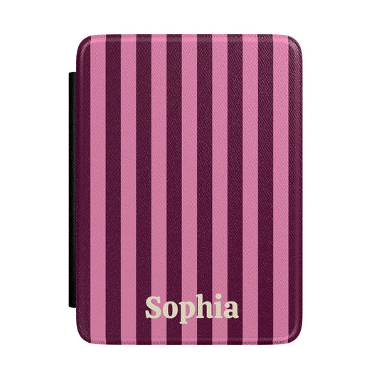 Burgundy Pink Cabana Stripe Kindle case front cover with a personalized name