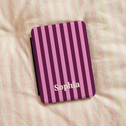 Burgundy Pink Cabana Stripe Kindle case on striped bed linen
