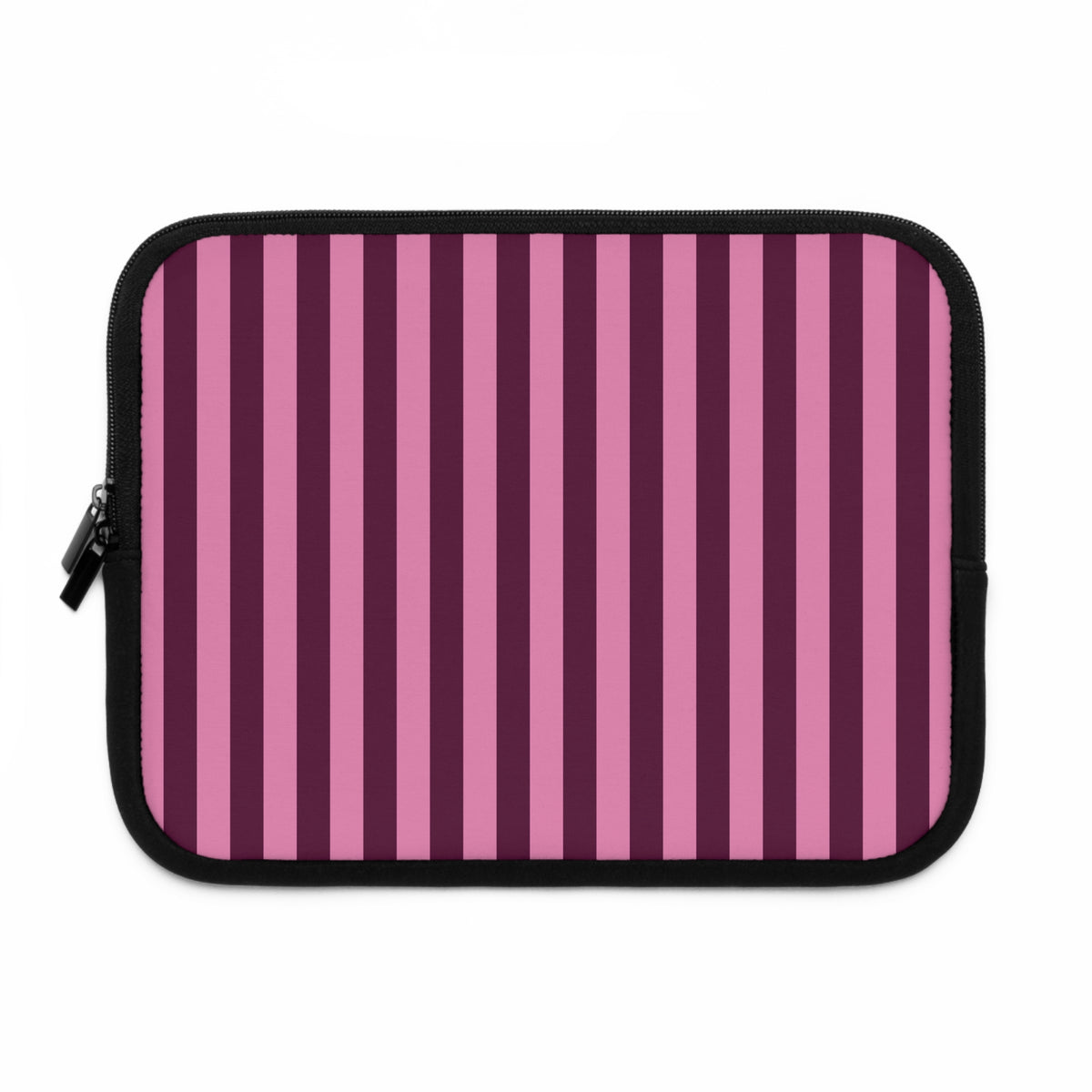 Burgundy Pink Cabana Stripe laptop sleeve, front view of a wider size