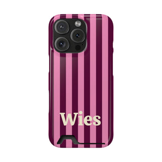 Burgundy Pink Cabana Stripe phone case with card holder, personalised with a name