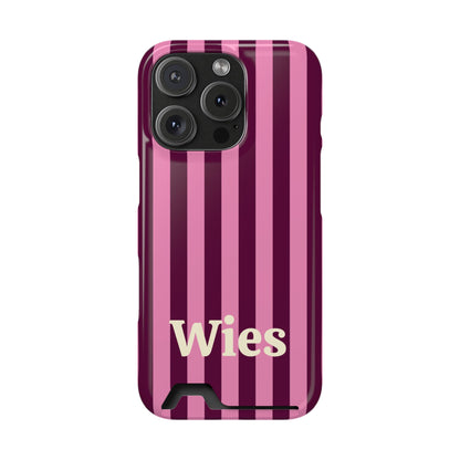 Burgundy Pink Cabana Stripe phone case with card holder, personalised with a name
