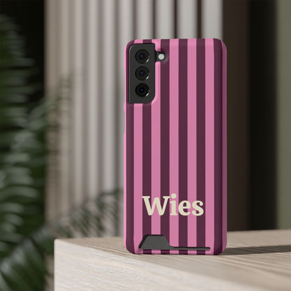 Burgundy Pink Cabana Stripe card holder phone case standing on a desk