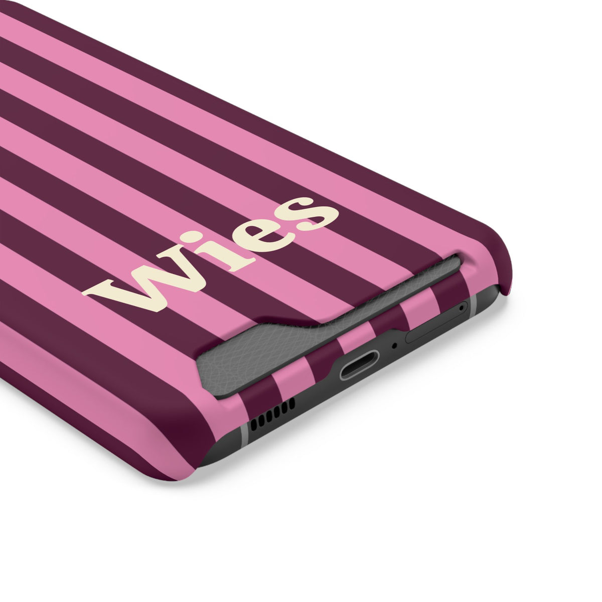 Card slot on the back of the Burgundy Pink Cabana Stripe phone case