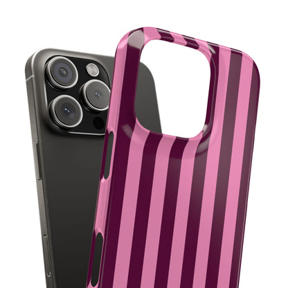 Burgundy Pink Cabana Stripe snap phone case shown with the phone