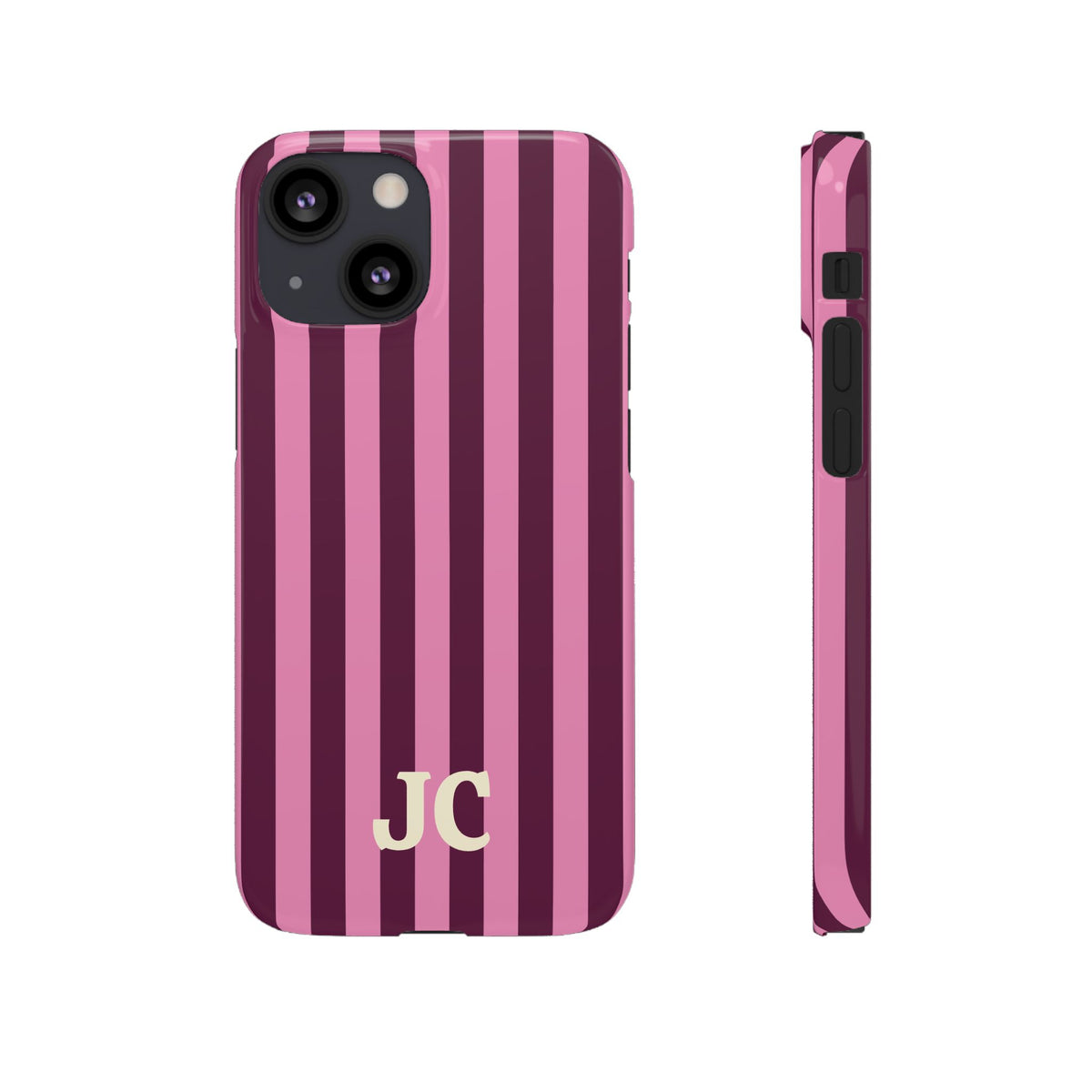 Back and side of the slim Burgundy Pink Cabana Stripe snap phone case