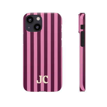 Back and side of the slim Burgundy Pink Cabana Stripe snap phone case