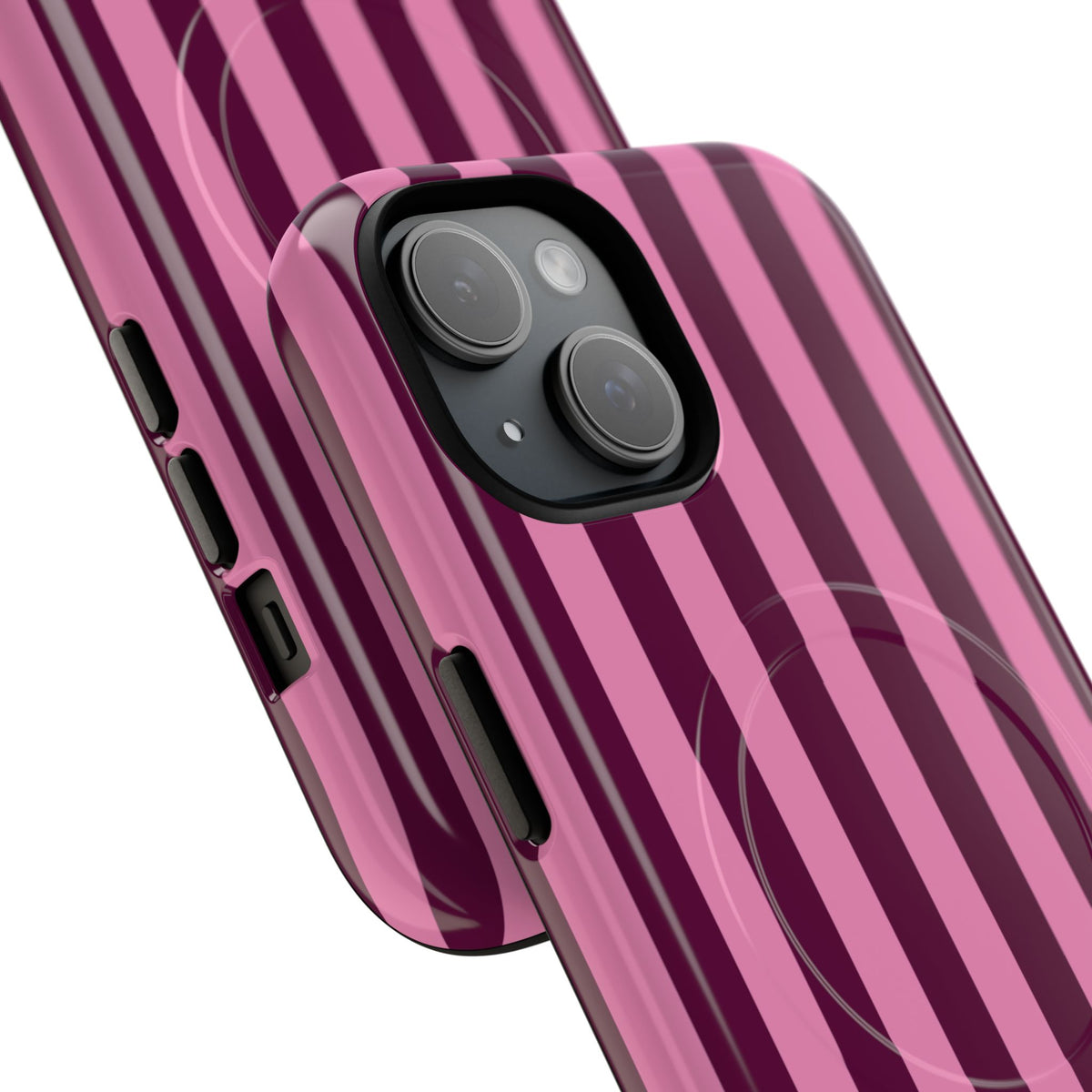 Burgundy Pink Cabana Stripe tough magnetic phone case angled close-up
