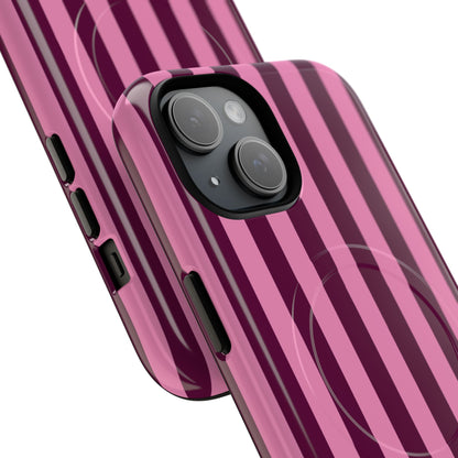 Burgundy Pink Cabana Stripe tough magnetic phone case angled close-up