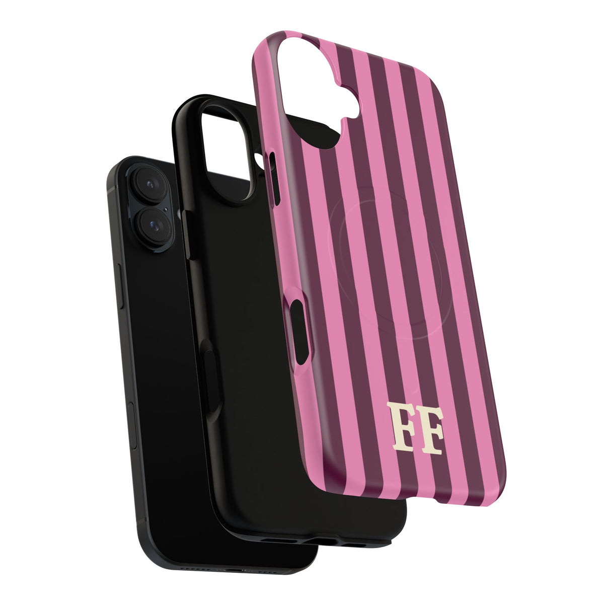 Burgundy Pink Cabana Stripe MagSafe phone case shown next to the phone