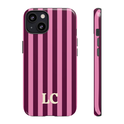 Front and side of the Burgundy Pink Cabana Stripe tough phone case