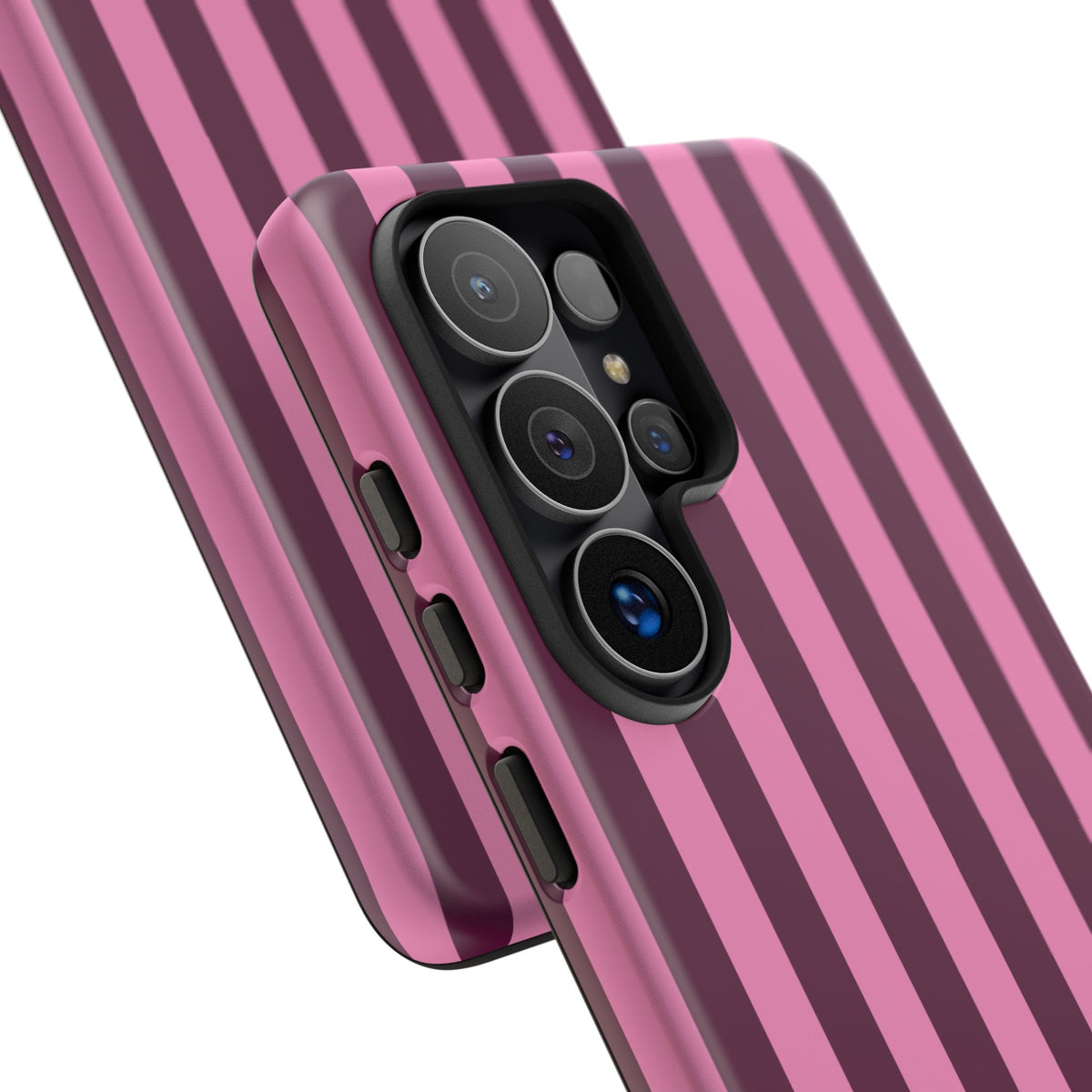 Close-up of the camera cutout on the Burgundy Pink Cabana Stripe phone case