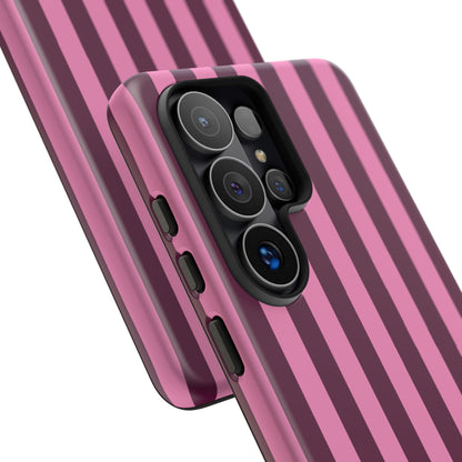 Close-up of the camera cutout on the Burgundy Pink Cabana Stripe phone case
